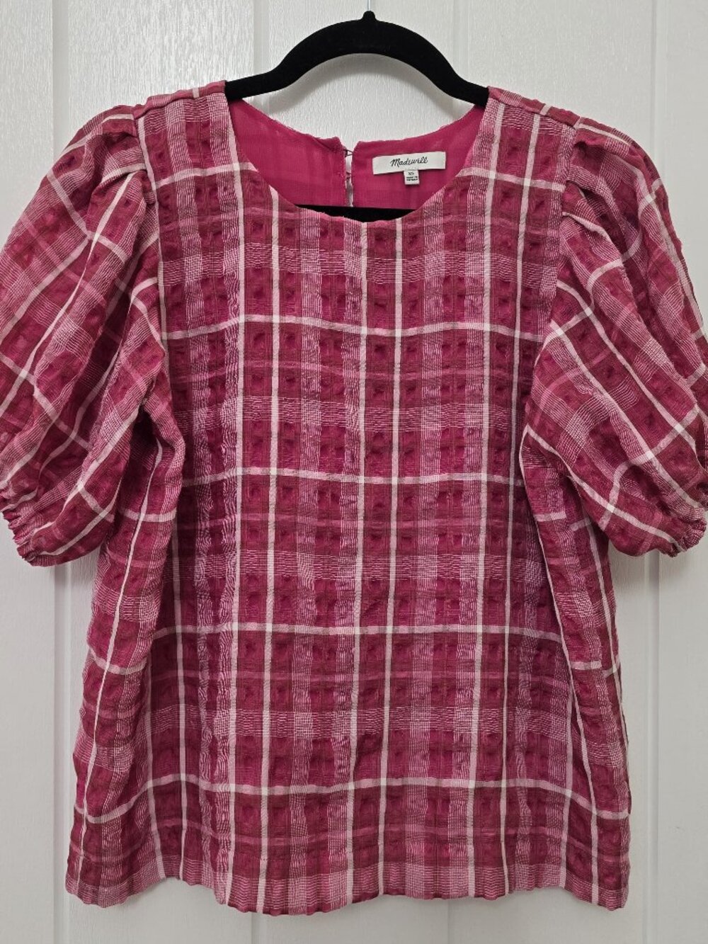 Madewell Pink Plaid Puff Sleeve Top